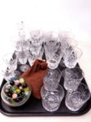 A tray containing assorted lead crystal drinking glasses together with a quantity of vintage