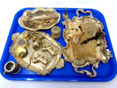 A tray containing antique and later brass ware including keys, animal ornaments, trays,
