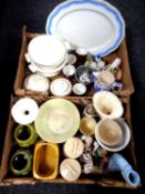 Two boxes of ceramics including kitchen pots, Ringtons cathedral jug, Sylvac pieces etc.