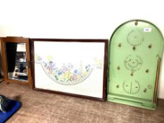 A tapestry tray, a vintage bagatelle and a dressing table mirror.