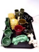 A tray of Sylvac china, a ceramic toast rack, mugs, animal figures etc.