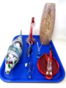 A tray containing seven assorted glass animal ornaments,