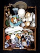 Two boxes of assorted ceramics, porcelain hand bells, coffee china, Radford pottery etc.