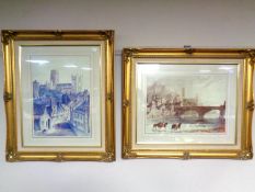Two gilt framed prints of Durham Cathedral.