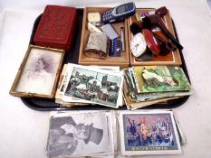 A tray containing Chinese lacquered box, a cigar box containing lighters, pipes,
