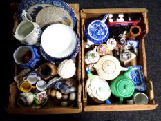 Two boxes containing miscellaneous ceramics including onyx eggs, china flower posy, trinket boxes,