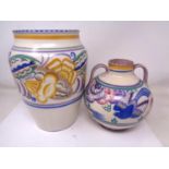 A Poole pottery vase together with a similar twin handle vase (tallest 23.5cm).