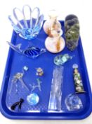 A tray containing assorted glassware including animal ornaments, Swedish Orrefors bowl,