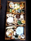 Three boxes containing miscellaneous china including lidded tureen, Wade Carltonware dishes etc.
