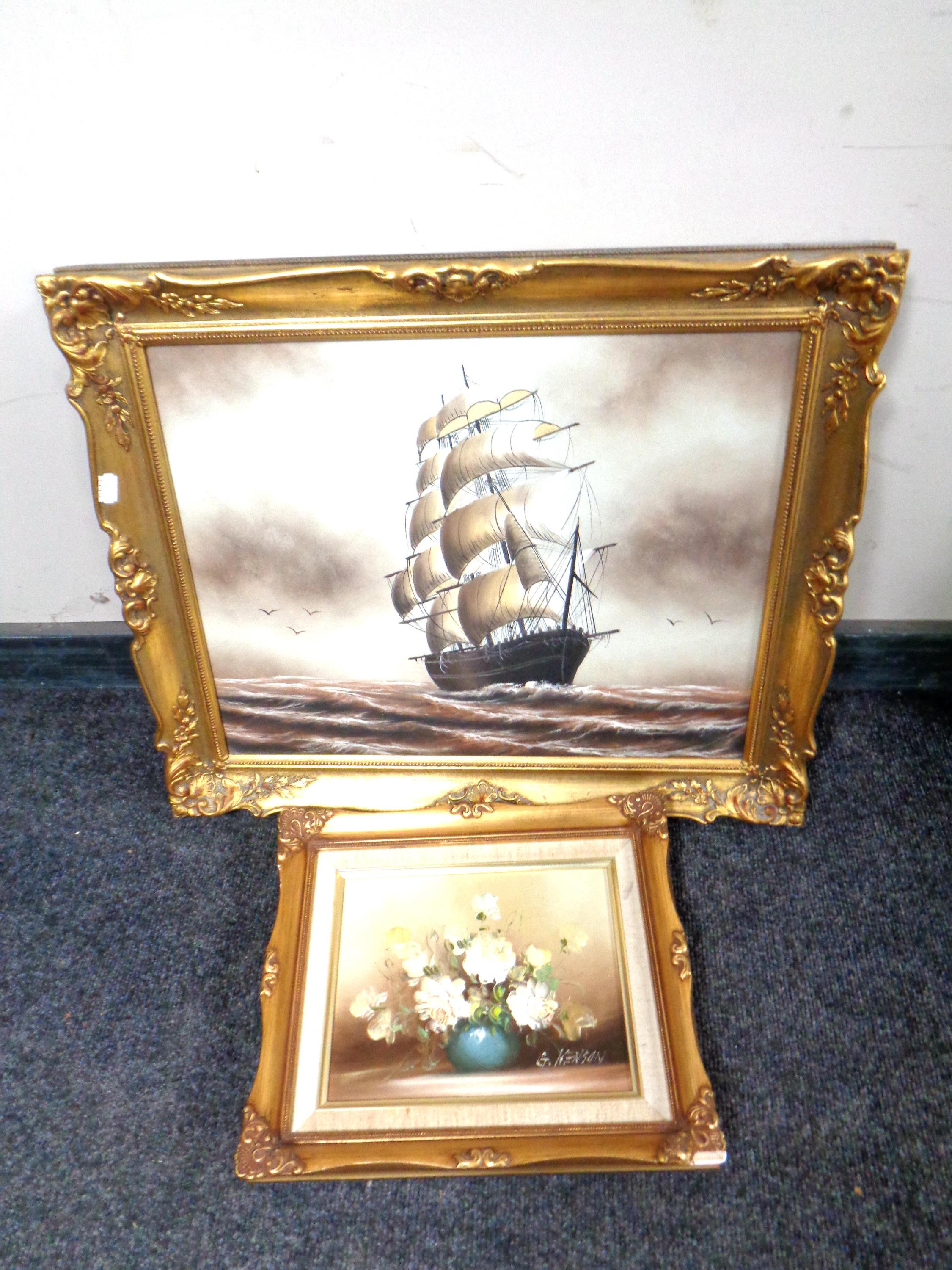 Two gilt framed oil-on-canvas paintings together with four further prints. - Image 2 of 2