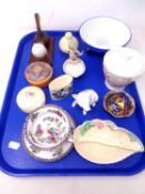 A tray containing assorted ceramics including Maling lidded preserve pot, Aynsley pig,