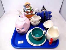 A tray of three Carlton ware novelty teapots, Wade china trio and further porcelain.