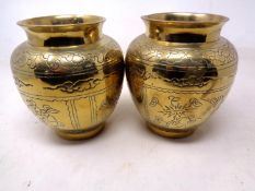 A pair of Chinese brass vases (height 14cm) together with a further Chinese brass lidded censer.