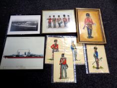A group of military prints and photographs depicting battleships including HMS Lion,