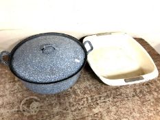 A vintage enamelled twin handle cooking pot with lid (diameter 42cm) together with a further