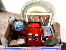 A box containing a Rolls razor, miniature violin and drum case, metal tin,