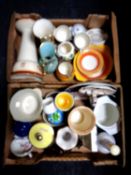 Two boxes of ceramics including mallet shaped decanter, Imari dishes, Radford china etc.
