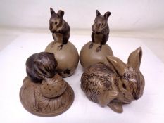 A group of Poole animal ornaments including a pair of mice,