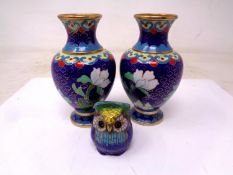 A pair of Japanese cloisonne vases (height 10cm) together with a further cloisonne owl.