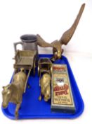 A tray of two brass horse and cart ornaments, pewter tankard, stainless steel butter knives etc.