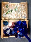 Two boxes of 20th century glassware including mallet-shaped decanter, drinking glasses etc.