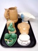 A tray containing Sylvac budgerigar vase, similar wall pocket, a pair of rabbit bookends, cruet etc.