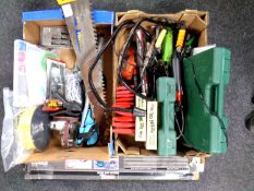 Two boxes containing assorted hand tools, power tools and gardening equipment etc.