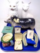 A tray containing china cat and bull ornaments, Sylvac character jug, Aynsley china brooches etc.