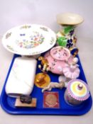 A tray containing assorted ceramics including Nao figure of a cherub, Aynsley comport,