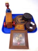 A tray containing oriental carved wooden vase stands, trinket box, wind up wooden toy etc.