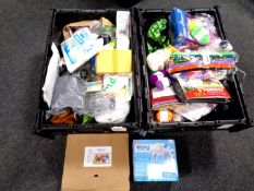 Two boxes containing craft equipment including wool, a miniature sewing machine, coloured felt etc.