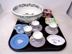 A tray containing assorted ceramics including Portmeirion bowl, Wedgwood trinket dishes,