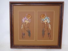 Two chalk drawings of nude women in stockings, initialled ST, in mount, framed as one.