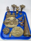 A tray containing antique metalware including a pair of brass pigeons, Indian brass vases, horn,