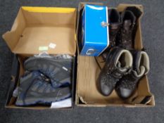 A box containing DeWalt safety boots together with two pairs of hiking boots and a gas camping