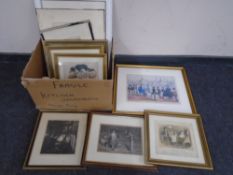 A box containing antique colour and black and white engravings and prints, framed,