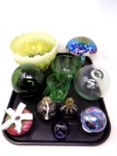A tray containing antique and later glassware including vaseline glass bowl, mushroom paperweights,
