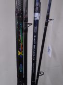 Two two-piece fishing rods, a Shakespeare Salt Beach FS and a Ron Thompson Axellerator Beach Caster.