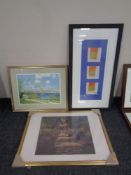 A Japanese block print in frame and mount together with two further framed prints.