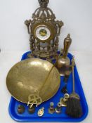 A tray containing antique and later brass ware including a toasting fork, hearth brush,