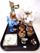 A tray containing assorted ceramics including West German Goebel figures,