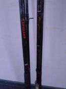 Two two-piece fishing rods, an Abu Garcia Apollo and a Accuflex by Abu Garcia.