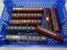 A crate containing eight 00 gauge coaches by Mainline, Lima, Hornby etc.