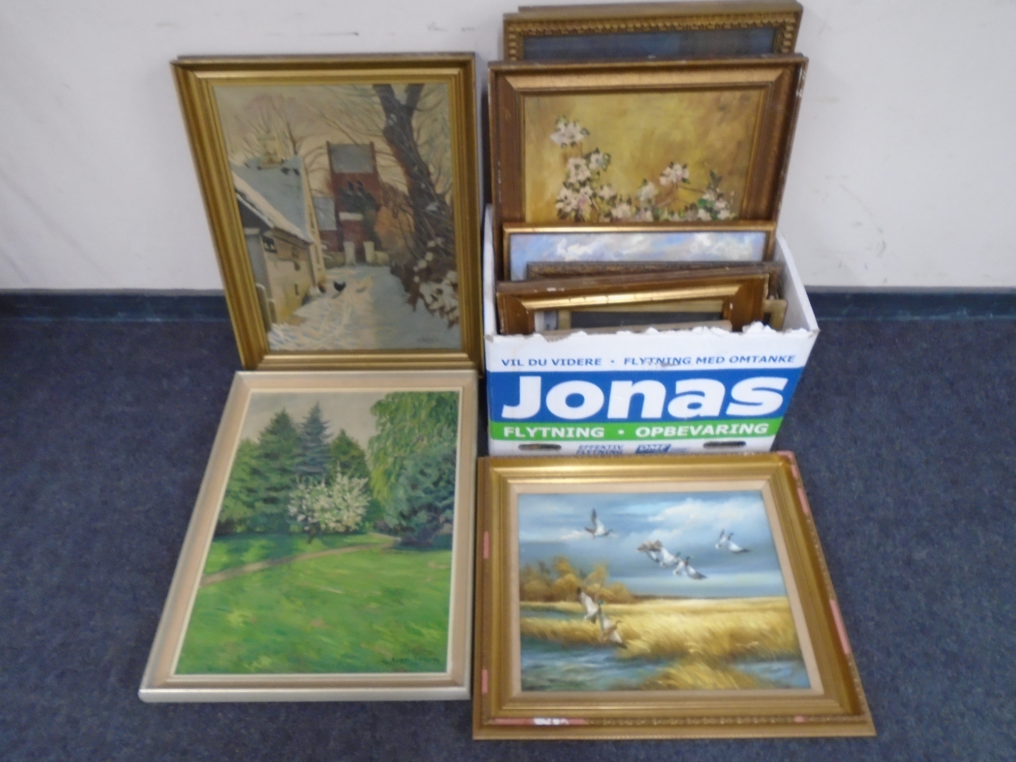 A box containing Continental school pictures including oil-on-canvas ducks in flight, still life,