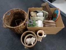 A wicker twin-handled basket (AF) together with a box containing pottery planters, shells,