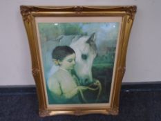 A print after G B Bamburgh : Girl with White Horse, in gilt frame and mount.