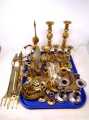 A tray containing a large quantity of antique and later brass ware including candlesticks, vases,