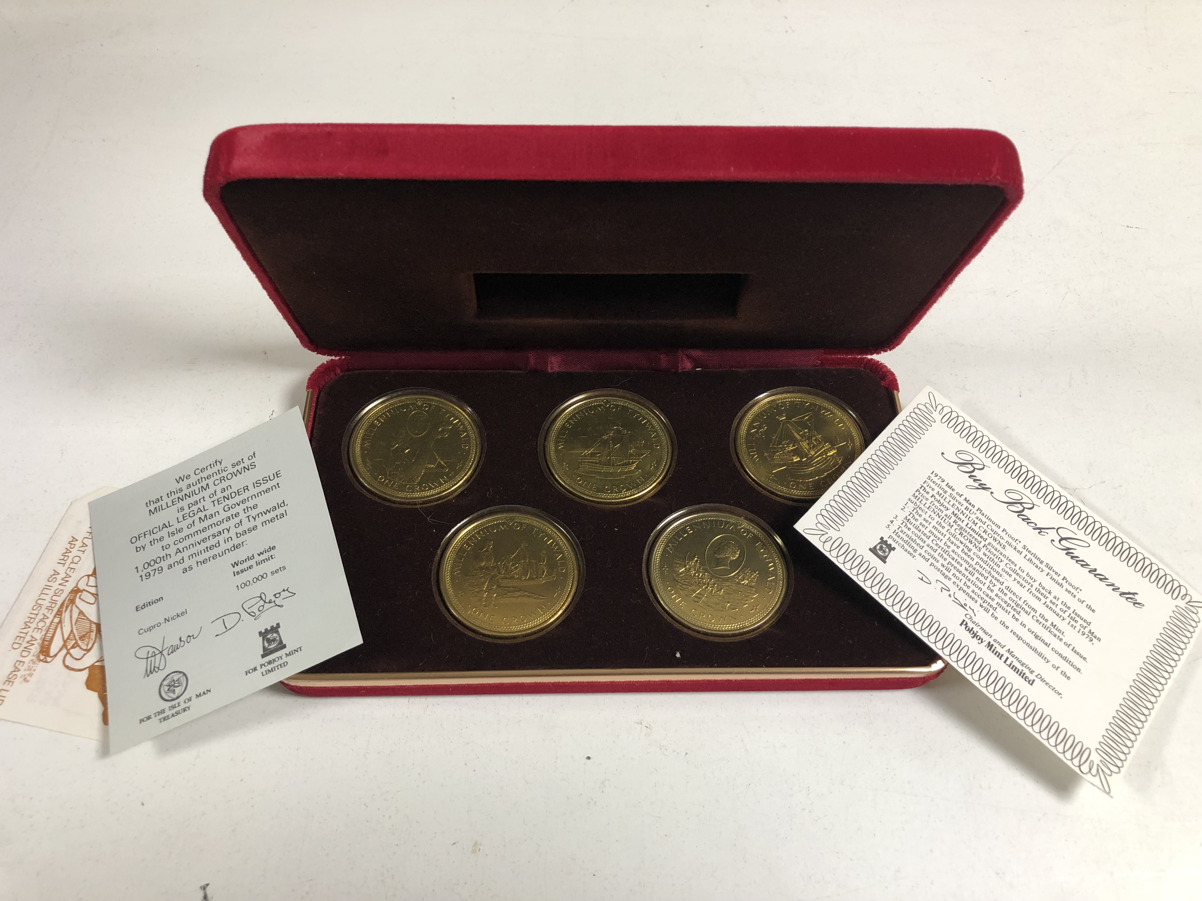 A set of five commemorative crowns issued for the Pobjoy Mint, cupro-nickel limited edition.