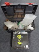 A Guild 12-volt cordless tire inflater (boxed) together with a further toolbox containing hardware.