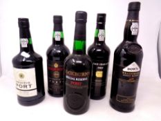 Five bottles of port including Dow's Trademark Finest Reserve Port (1 Litre),